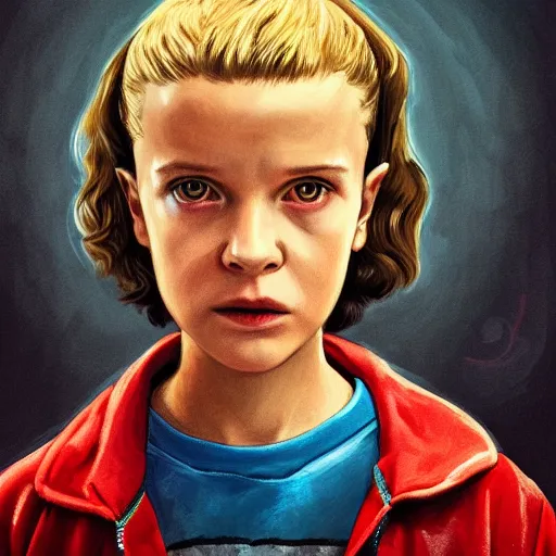 Prompt: a portrait of Eleven from Stranger things by WLOP, character, vibrant , female-focus, painting,scene,-n 4