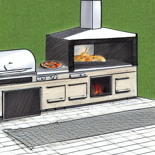 Image similar to modern outdoor kitchen design with grill and pizza oven, designer pencil sketch, HD resolution