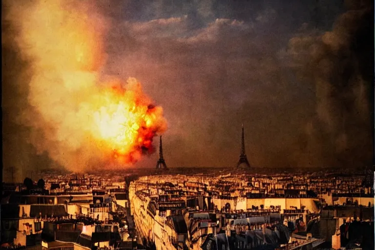 Prompt: paris blowing up, colourised, cinematic photograph, explosion, epic photograph, amazing lighting, destruction, stunning,