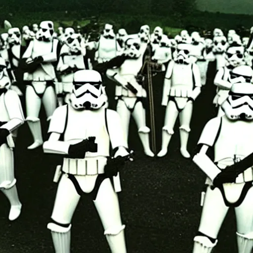 Image similar to A rock band made up of Imperial Stormtroopers playing music on stage at Woodstock (1969)