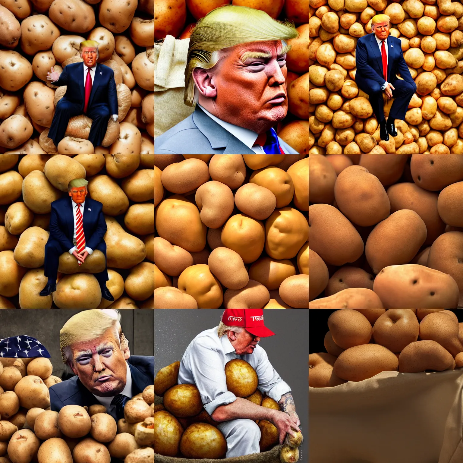 Prompt: a closeup photorealistic photograph of Donald Trump sitting on a large sack of russet potatoes daytime. This 4K HD image is Trending on Artstation, featured on Behance, well-rendered, extra crisp, features intricate detail and the style of Unreal Engine.