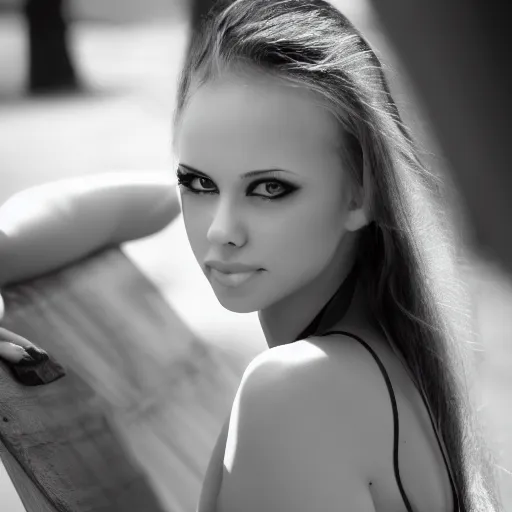 Prompt: kerli koiv young female model sitting on bench photography sun dress beautiful face and body, dramatic light 8 0 mm camera