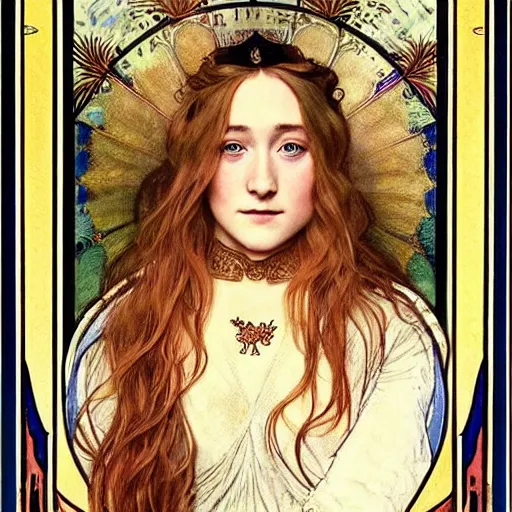 Image similar to saoirse ronan portrait by louis - theophile hingre and alphonse mucha, realistic, sharp focus, zodiac signs, tarot cards, planets, ethereal, art nouveau, magic, moon, sun, crown, dreamy, royal, jewellery