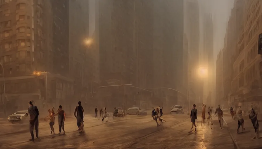 Prompt: new - york city streets under tons of sand during sandstorm, people fleeing, hyperdetailed, artstation, cgsociety, 8 k