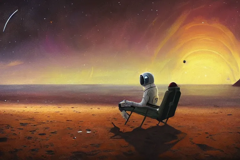 Prompt: astronaut sitting at the beach in a chair of an psychedelic alien planet watching the sunset, surreal photography, dark night, stars, moon light, impressionist painting, clouds, digital painting, artstation, simon stalenhag