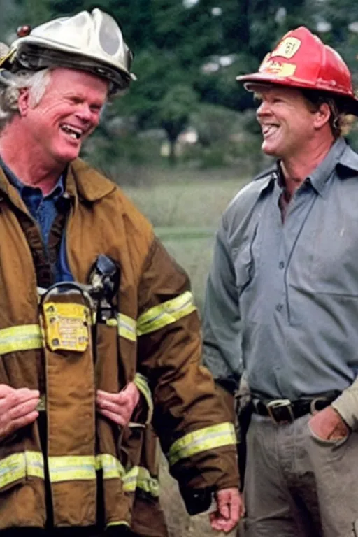 Prompt: kevin tighe wearing a fireman helmet with the number 5 1 on it, floating above a fire laughing