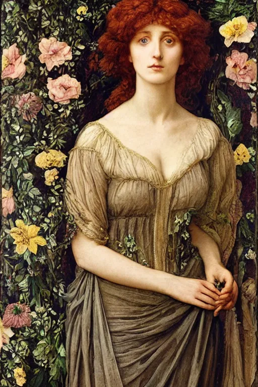 Image similar to a pre - raphaelite portrait of a woman in a mythical dress with floral decoration