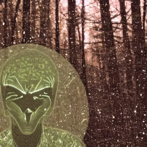 Image similar to grainy surveillance photo still of an alien in the woods at night hiding in the trees of a forest