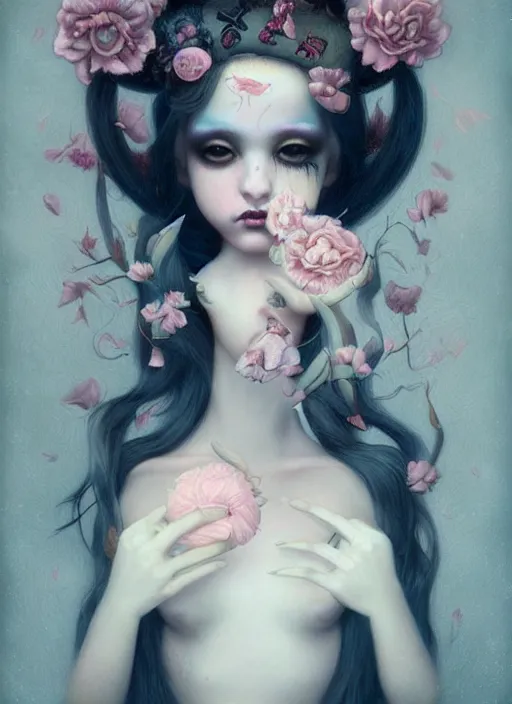 Image similar to pop surrealism, lowbrow art, realistic cute girl painting, japanese street fashion, hyper realism, muted colours, rococo, natalie shau, loreta lux, tom bagshaw, mark ryden, trevor brown style,