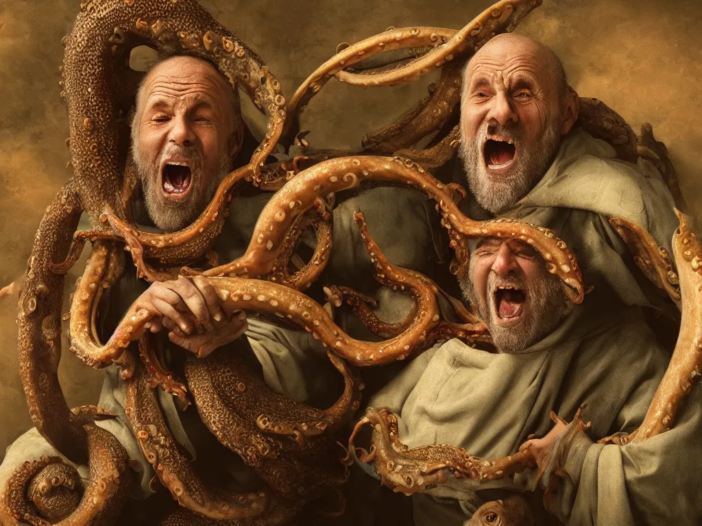 Image similar to a widescreen colorchrome portrait photo of a medieval old happy screaming priest, holding a giant giant octopus, style steve mccurry octane render 8 k