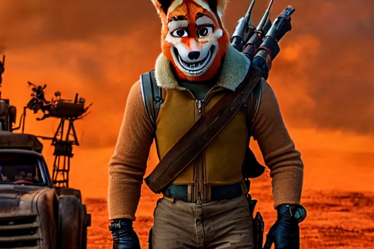 Image similar to nick wilde, heavily armed and armored facing down armageddon in a dark and gritty reboot from the makers of mad max : fury road : witness me