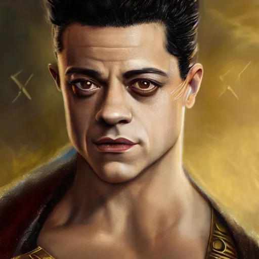 Image similar to a detailed fantasy character portrait of Rami Malek as egyptian king of arts by lauri blank, artgerm, evelyn de morgan, 8K, 50mm lens