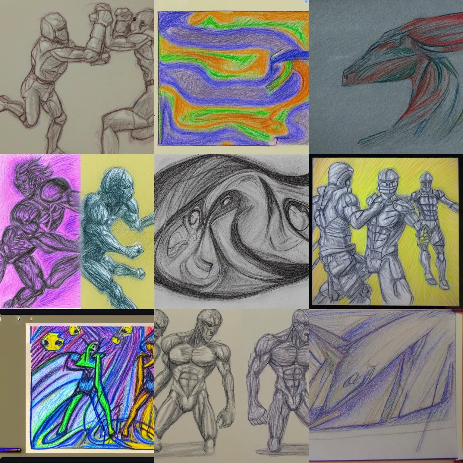 Prompt: Midjourney vs DALL-E vs Stable Diffusion, fight, compete, crayon drawing