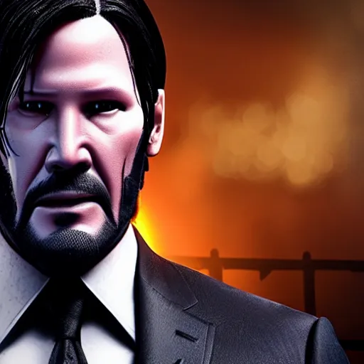 Prompt: john wick looking at thanos, rainy day, volumetric lighting, sharp focus