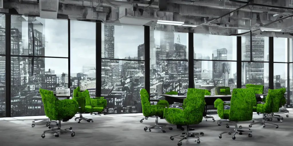 Prompt: an office with moss chairs, windows of an over grown city in the background hyper realistic digital art