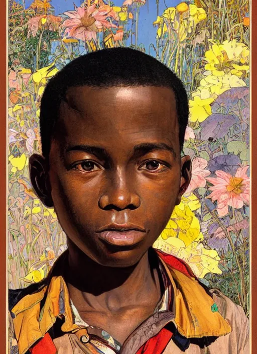 Image similar to colourful upper half portrait of an african boy with proportions in the style of jack davis - presented in magazine collage, art hsiao - ron cheng & alphonse mucha, magazine collage, highly detailed, caricature, digital painting, concept art, ray tracing, illustration, smooth, sharp focus, intricate, symmetry, pinterest, behance, artstation