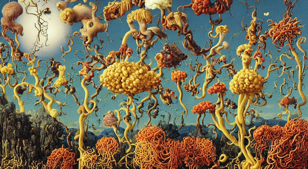 Image similar to a single colorful! lovecraftian fungus white! clear empty sky, a high contrast!! ultradetailed photorealistic painting by jan van eyck, audubon, rene magritte, agnes pelton, max ernst, walton ford, andreas achenbach, ernst haeckel, hard lighting, masterpiece