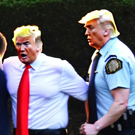 Image similar to Donald Trump in handcuffs escorted by two FBI agents at Mar-a-lago, photo, low angle