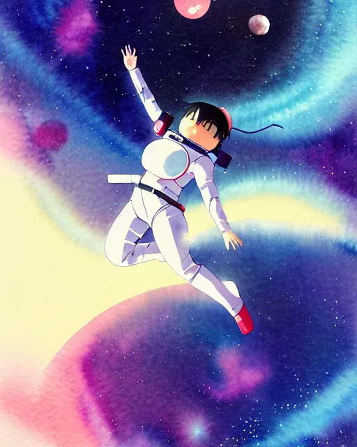 Prompt: oriental water color of a thicc female astronaut, floating through space, backlit, by makoto shinkai