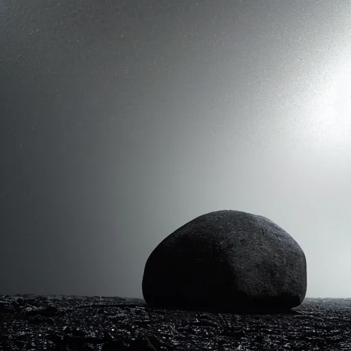 Image similar to a large boulder rock with a metallic finish is embedded in a circular matte black industsrial stage in the center of a dark space, a ring of overhead lights cast onto the rock and it throws caustic reflections into space, low misty atmosphere, hyper realistic image in the style of jeremy geddes but photo real, dark black space, 8k octane render