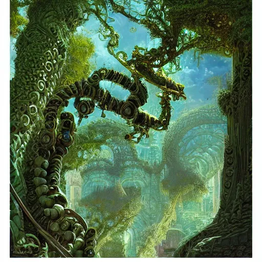 Prompt: a detailed oil painting by michael whelan and donato giancola of an intricate, ornate palace made of green, polished, swirling malachite and jade, hyper detailed, hd, artstation, beautiful sunrise lighting, surrounded by trees