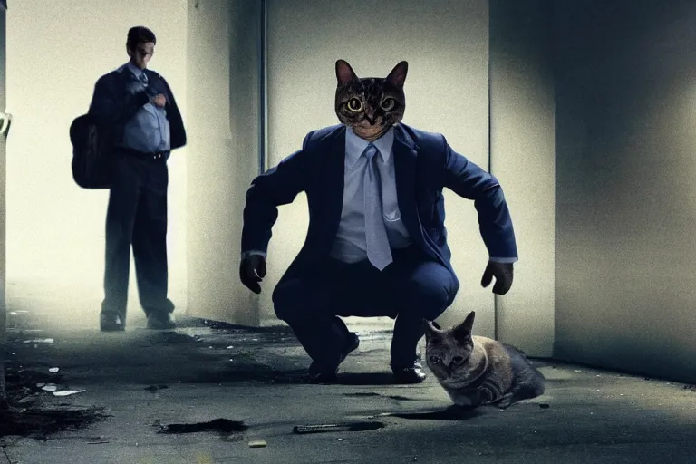 Image similar to film still of a genetically modified anthropomorphic humanoid cat detective at a crime scene. directed by david fincher.