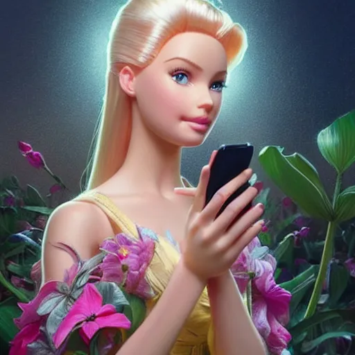 Image similar to a beautiful portrait of barbie looking at her cell phone ; ultra realistic, concept art, intricate details, stunning model, highly detailed, photorealistic, octane render, 8 k, unreal engine. art by artgerm and greg rutkowski and charlie bowater and magali villeneuve and alphonse mucha