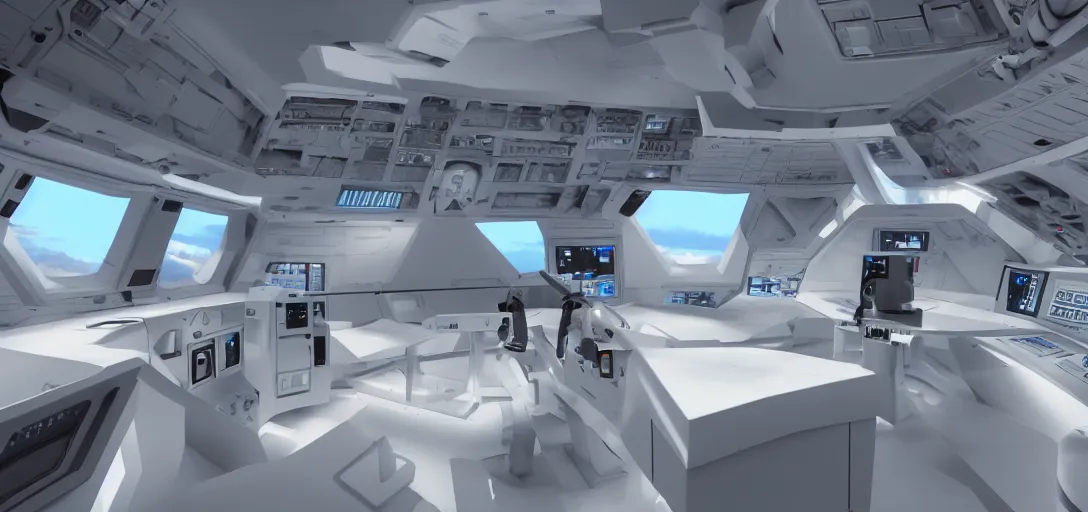 Image similar to flight deck inside a sci-fi spaceship escape pod that is a mind temple for meditation and discovery of secret knowledge. clean white interior, hyperrealism 8k