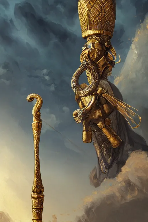 Image similar to fantasy greg rutkowski digital painting of an ornate and royal egyptian old twisted ornate engraved with gold wooden staff weapon with a radiant blue crystal on top tip hovering, unreal engine, hyper realism, realistic shading, cinematic composition, blender render, octane render, hdr, detailed textures, photorealistic, 3 5 mm film