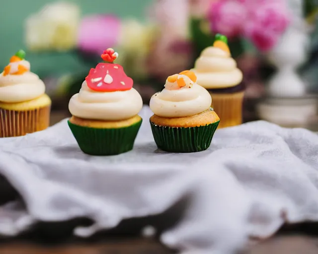 Image similar to dslr food photograph of delicious cupcakes with slices of pickle on them, 8 5 mm f 1. 4