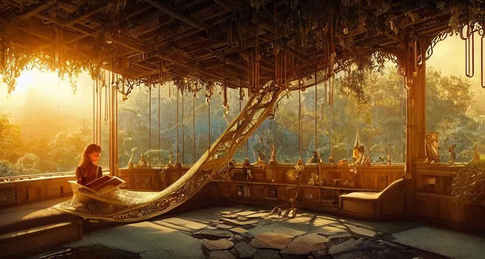 Prompt: A scene from a 2022 fantasy film featuring a cozy art nouveau reading nook inside a fantasy treehouse city. Suspended walkways. Disorganized ancient books. Golden Hour. 8K UHD.