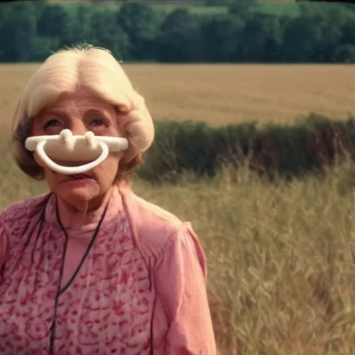 Prompt: middle-agedwoman wearing an inflatable nose, with extra eyeballs, in the countryside 1979 arthouse film, archival footage, technicolor film expired film