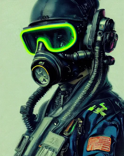 Image similar to detailed portrait neon female swat officer flying a fighter jet, cyberpunk futuristic, neon, gas mask, reflective puffy coat, decorated with traditional japanese by ismail inceoglu dragan bibin hans thoma greg rutkowski alexandros pyromallis nekro rene margitte, fire & smoke, illustrated, perfect face, fine details, realistic shaded, fine - face, pretty face