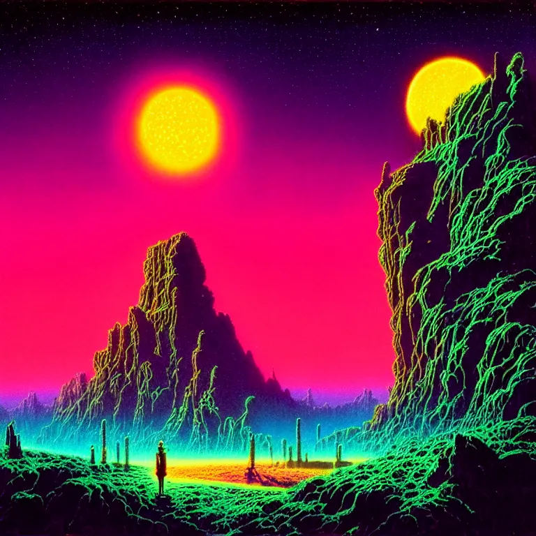 Prompt: astral travel mysterious desert canyon at night, infinite sky, synthwave, bright neon colors, highly detailed, cinematic, tim white, philippe druillet, roger dean, ernst haeckel, lisa frank, michael whelan, kubrick, kimura, isono