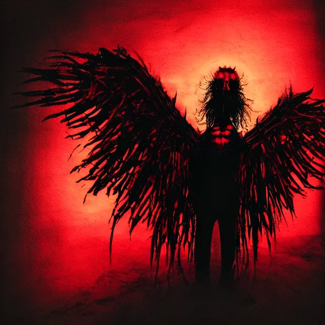 Image similar to a dark artistic photo of an alien creature with crazy wings, liminal eerie midnight backlit, big budget horror, a polaroid photo, bleeding decaying colors!