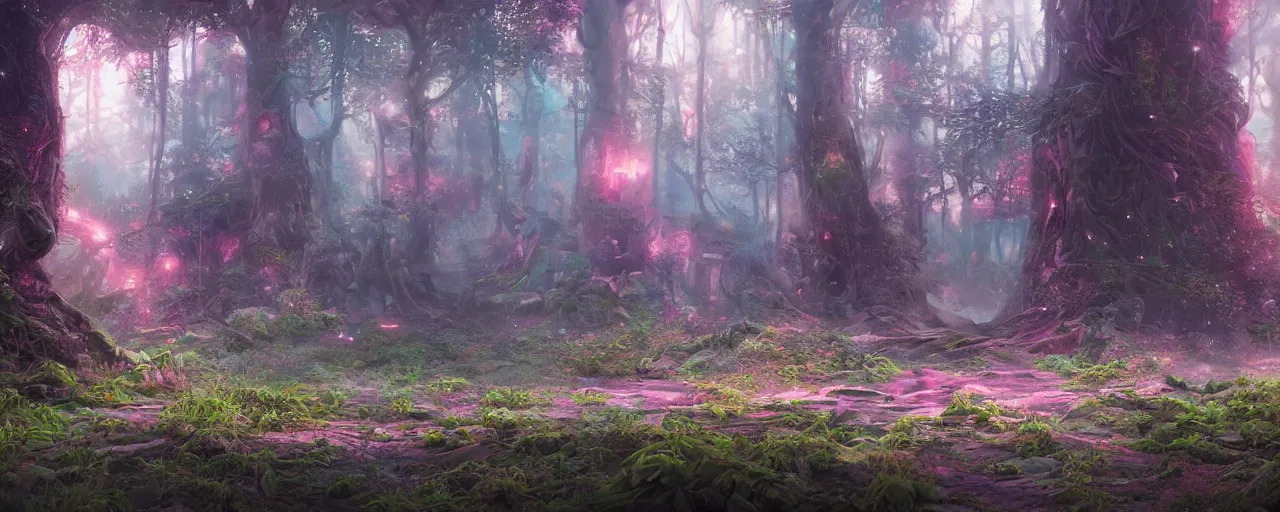 Image similar to detailed concept art illustration colorful pastel painting of a magical sci-fi fantasy forest in full intricate detail, ultra detailed, digital art, octane render, 4K, dystopian, micro details