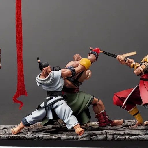 Prompt: photo of figma figures inside a diorama, depicting the fighters of mortal kombat brutally fighting each other inside a shaolin temple.