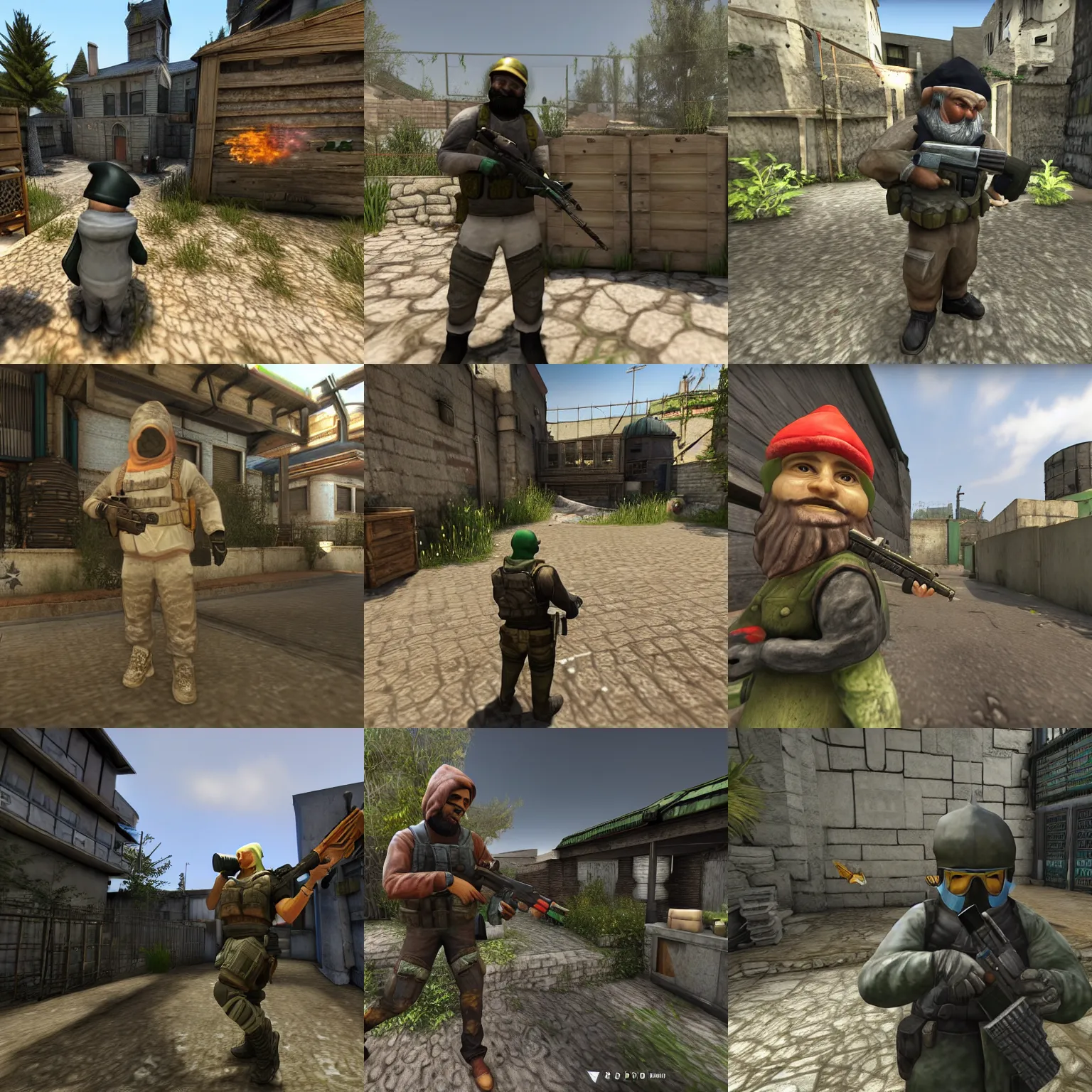 Prompt: garden gnome hidden behind terrorist in Counter-Strike Global Offensive, CSGO, video game render