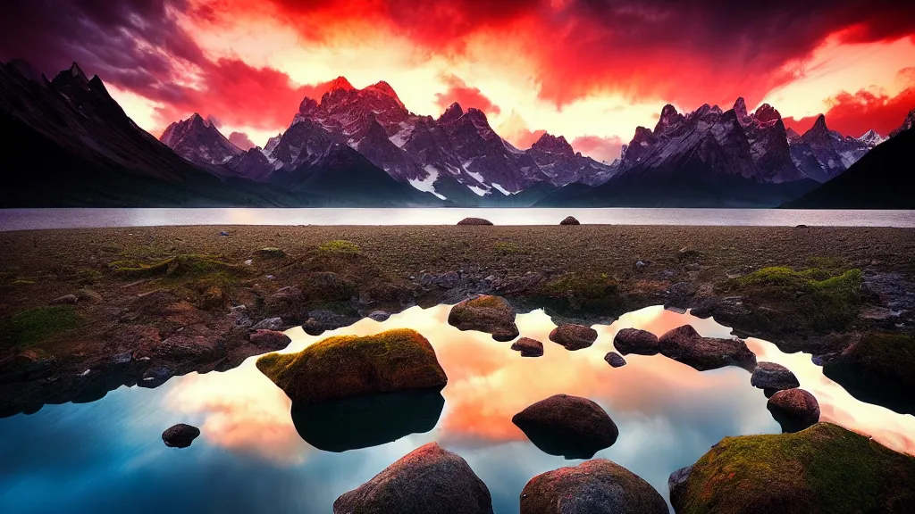 Image similar to amazing landscape photo of mountains with lake in sunset by marc adamus, beautiful dramatic lighting