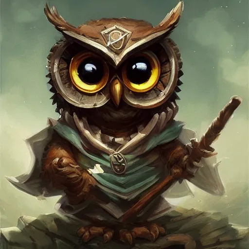 Image similar to cute little anthropomorphic Owl, wielding a magic staff, tiny, small, short, Wizard robe, cute and adorable, pretty, beautiful, DnD character art portrait, matte fantasy painting, DeviantArt Artstation, by Jason Felix by Steve Argyle by Tyler Jacobson by Peter Mohrbacher, cinema