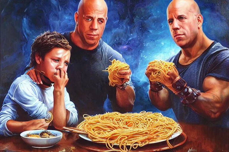 Image similar to portrait of vin diesel and willem dafoe sharing spaghetti, an oil painting by ross tran and thomas kincade