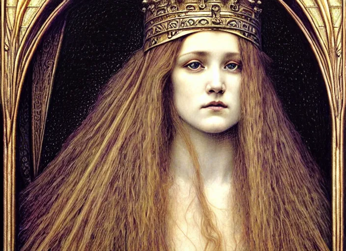 Image similar to detailed realistic beautiful young medieval queen face portrait by jean delville, gustave dore and marco mazzoni, art nouveau, symbolist, visionary, gothic, pre - raphaelite. horizontal symmetry