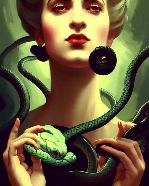 Prompt: surreal stylized portrait by aykutmakut of an artistic pose, composition, young victorian sad fancy lady, surrounded by snakes, cinematic moody colors, realistic shaded, fine details, realistic shaded lighting poster by ilya kuvshinov, magali villeneuve, artgerm, jeremy lipkin and michael garmash and rob rey