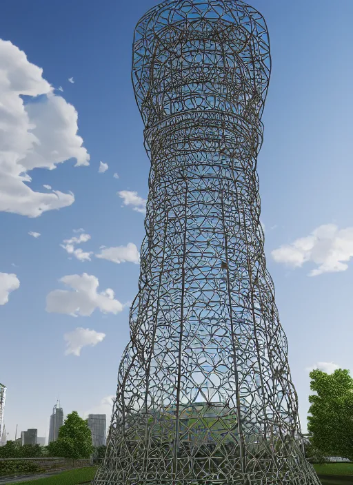 Image similar to highly detailed realistic architecture 3 d render of a spiral stele shukhov tower standing in a city park, archdaily, made in unreal engine 4 octane render