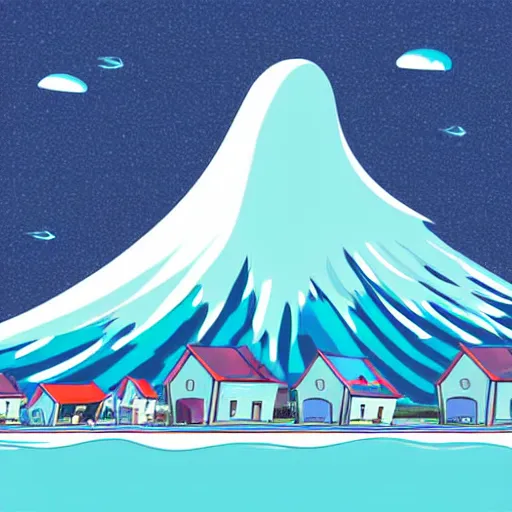 Image similar to giant tsunami wave that is 20 miles high, approaching about to crash into a small coastal town. miniature buildings compared to giant waves are so tall, they seem to touch the sky, large scale image, cartoon color drawing vector illustration, 2d photorealistic flat anime style