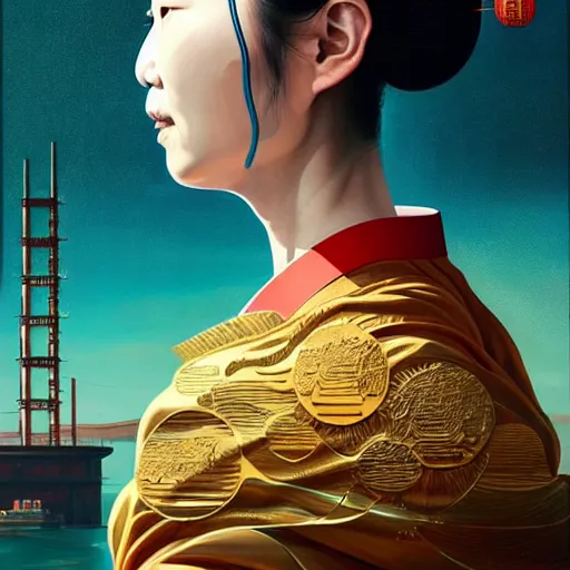 Prompt: portrait of a chinese woman :: side profile :: blood :: background sea :: intricate details in gold :: oxygen implant :: 8k :: simon stalenhag and Sandra Chevrier