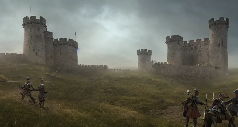 Image similar to ten medieval soldiers atop a castle wall looking at two trebuchets. it is a quiet morning. mist, epic, cinematic, volumetric lighting, symmetry, fantasy style, highly - detailed, unreal 5, realism