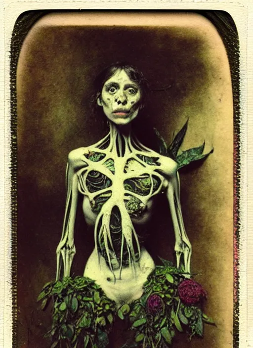 Image similar to beautiful and detailed rotten woman made of plants and many different types of flowers, muscles, intricate, organs, ornate, surreal, john constable, guy denning, gustave courbet, caravaggio, 1 9 1 0 polaroid photo