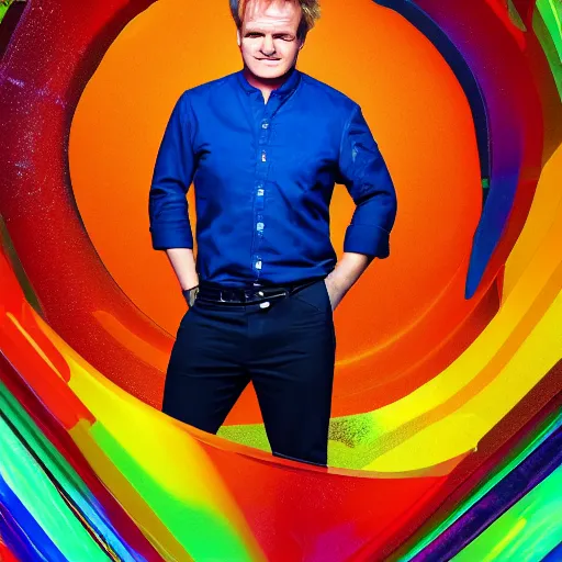 Image similar to symmetrical, full body portrait of Gordon Ramsey, very happy, studio lighting, depth of field, photography, hyper colors, highly detailed