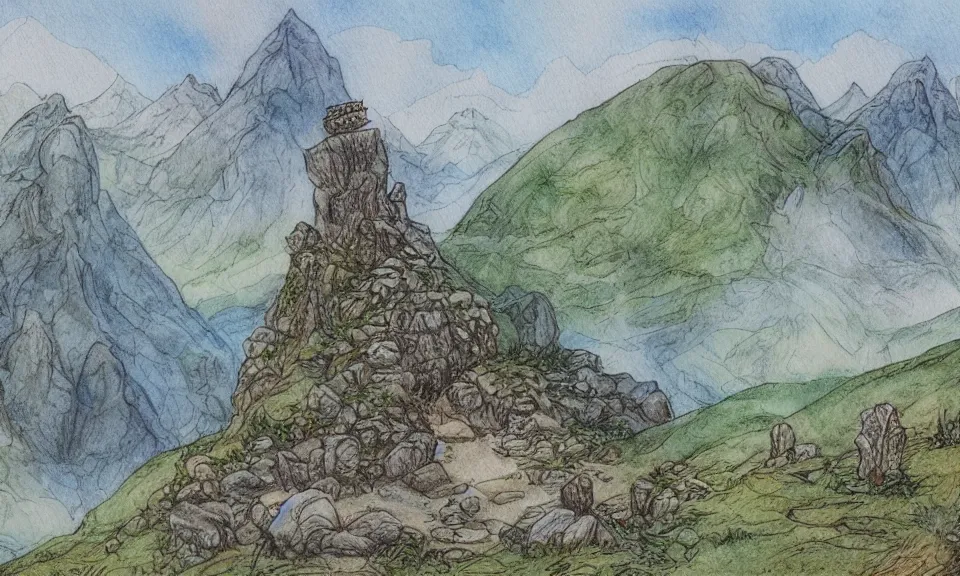 Prompt: lord of the rings landscape, beatrix potter style, pen and watercolor, epic, award-winning, 4k